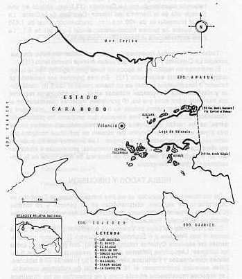 Fig. 1.SITUACIN RELATIVA DE LAS HACIENDAS DE CAA DE AZCAR MUESTREADAS EN EL EDO. CARABOBO.