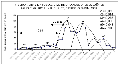 Figura 1. Din�mica poblacional de la candelilla de la cala de az�car, valores r y k. Durute, estado Yaracuy, 1998