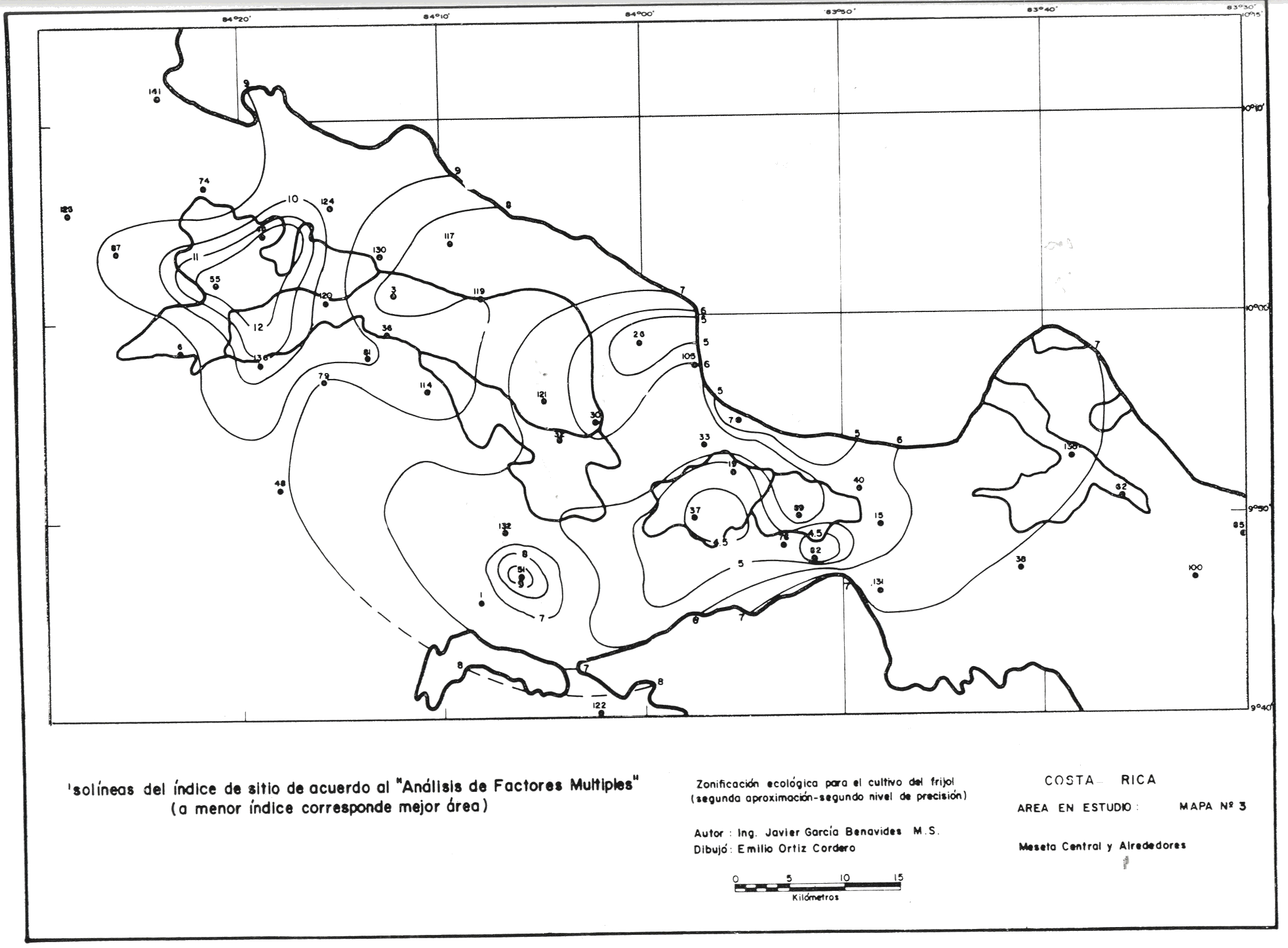 Mapa 3. Zonificaci�n agroecol�gica medienta un an�lisis de factores m�ltiples (Factor Analysis). Isol�neas del �ndice de sitio. Costa Rica. Meseta Central y alrededores.