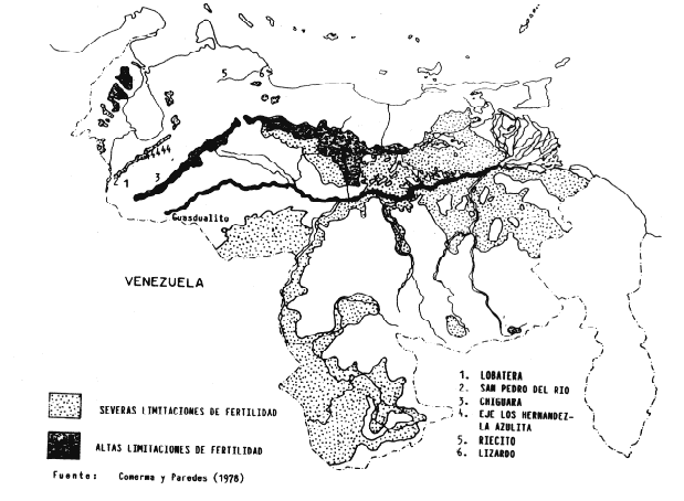 Fig. 1. Distribuci�n geogr�fica de suelos de Venezuela con altas y severas limitaciones de fertilidad, eje fluvial Apure-Orinoco y ubicaci�n de los dep�sitos de roca fosf�ricas.