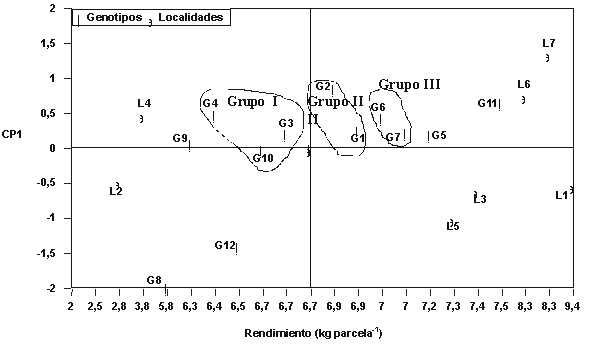 FIGURA.   Grafico de doble representacin (biplot) de los componentes principales 1 (CP1) para genotipos y localidades segn modelo AMMI
