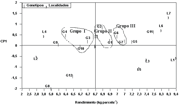 FIGURA.   Grafico de doble representacin (biplot) de los componentes principales 1 (CP1) para genotipos y localidades segn modelo AMMI