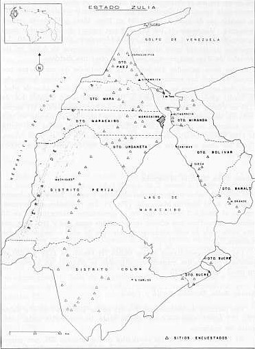 FIGURA 2. Ubicacin de los lugares donde se realiz la encuesta en el Estado Zulia, 1973