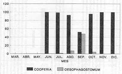 FIGURA 1. Evaluacin porcentual  de larvas de Cooperia y Oesophagostomum en los coprocultivos. Mantecal. Venezuela 1988.