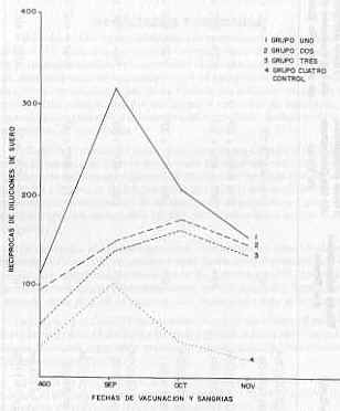 FIGURA 1. Vacunas de estomatitis con adyuvante oleoso. Ttulos de anticuerpos contra el virus New  Jersey, determinados por fijacin de  complementos en los cuatro grupos de bovinos. Estacin Experimental " LaAntonia"