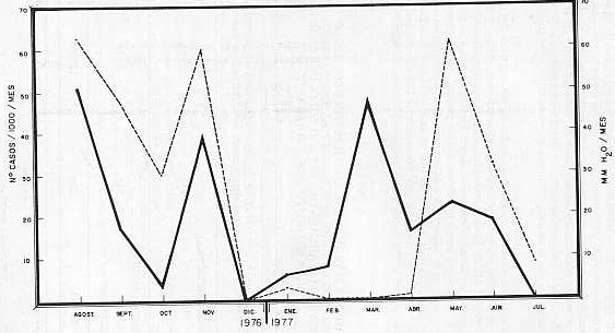 GRAFICO IV.   Prevalencia de Distomatosis Heptica bovina en el Matadero Industrial de Punta Iguana. (Dtto. Bolvar)  y niveles pluviomtricos de la zona afectada por mes*  (Agosto 1976 - Julio 1977)