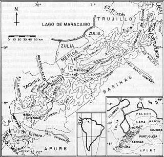 FIGURA 2. Mapa de la regin andina venezolana, con la intencin de mostrar las cuencas de los ros Chama, Mocotes, Motatn, Santo Domingo, Escalante, La Grita y Negro, donde se realiz el  estudio de la distribucin de los voladores.