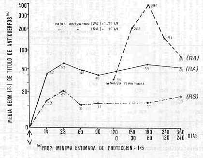 FIGURA1.  Respuesta inmunitaria de bovinos a la vacunacin antirrbica simple (RS) y asociada con fiebre aftosa (RA).