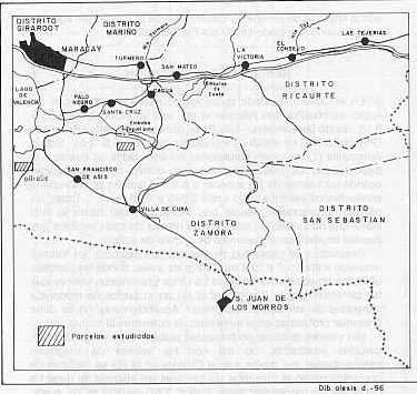 Fig. N� 1. Ubicaci�n geogr�fica de las 6 parcelas consideradas para el estudio sobre evaluaci�n de factores limitantes suelos y aguas en los sistemas de riego Taiguaiguay Edo. Aragua y la Lina Edo. Carabobo.